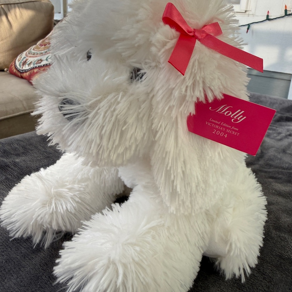 Victoria's Secret Molly Plush Dog in White with Pink Tag & Bow - Limited Edition